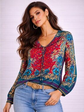 Hale Bob Boho Silk Blend Blouse Tassel Tie Floral Print Top Small